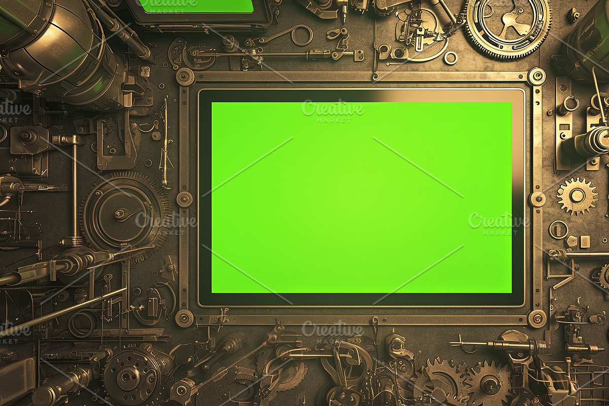 Industrial styled screen mockup surrounded by detailed gear and machinery desig, an Illustration by AS photostudio