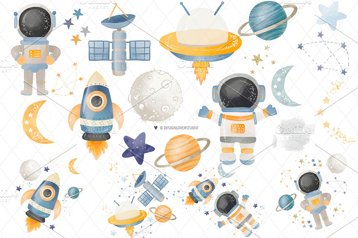 Watercolor Astronaut Space design, an Illustration by designloverstudio (Photo 2 of 3)