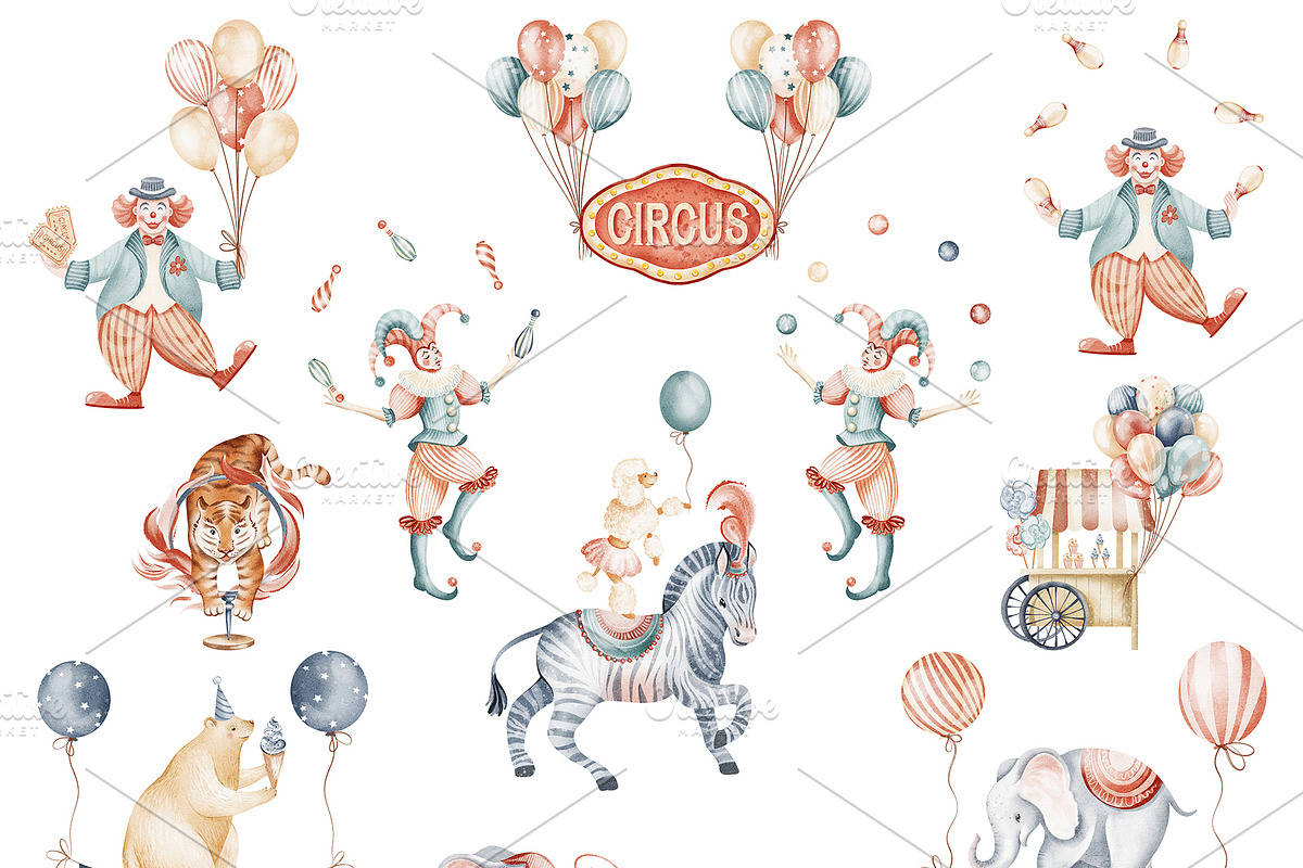 Cute Circus Watercolor Clipart Set, an Animal Illustration by LenArt (Photo 8 of 18)