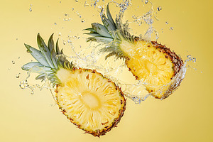 Fresh pineapple pieces falling in transparent water, a Food & Drink Photo by AlyaAnd