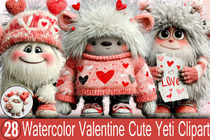 Watercolor Valentine Cute Yeti Clipa, an Illustration by SVGArt