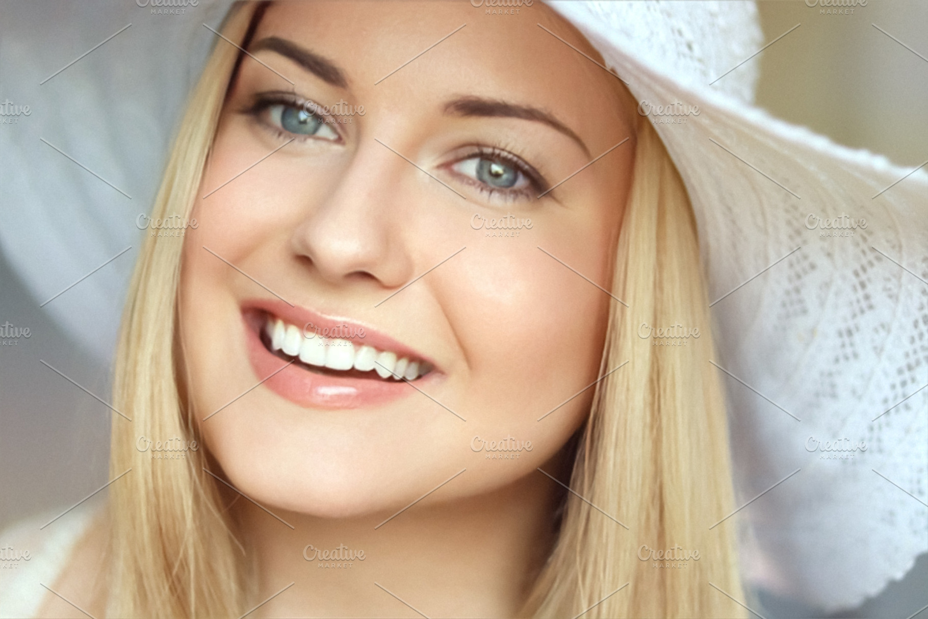 Summer skincare and white teeth, blonde woman in beach sun hat s, a Person Photo by Anneleven