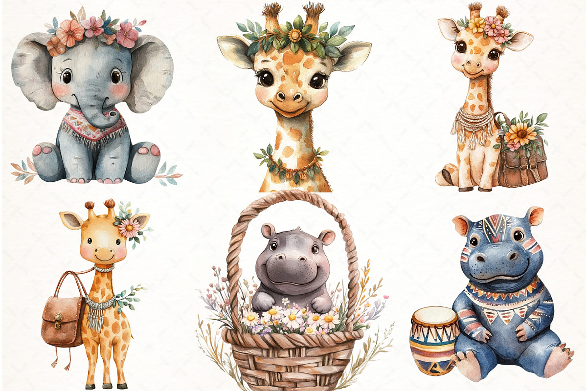 Watercolor Cute Boho Baby Safari Ani, an Illustration by Watercolor design (Photo 3 of 4)