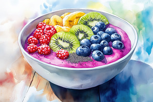 A vibrant smoothie bowl topped with sliced bananas, kiwi, blueberries, raspberr, a Food Illustration by Textures & Backgrounds
