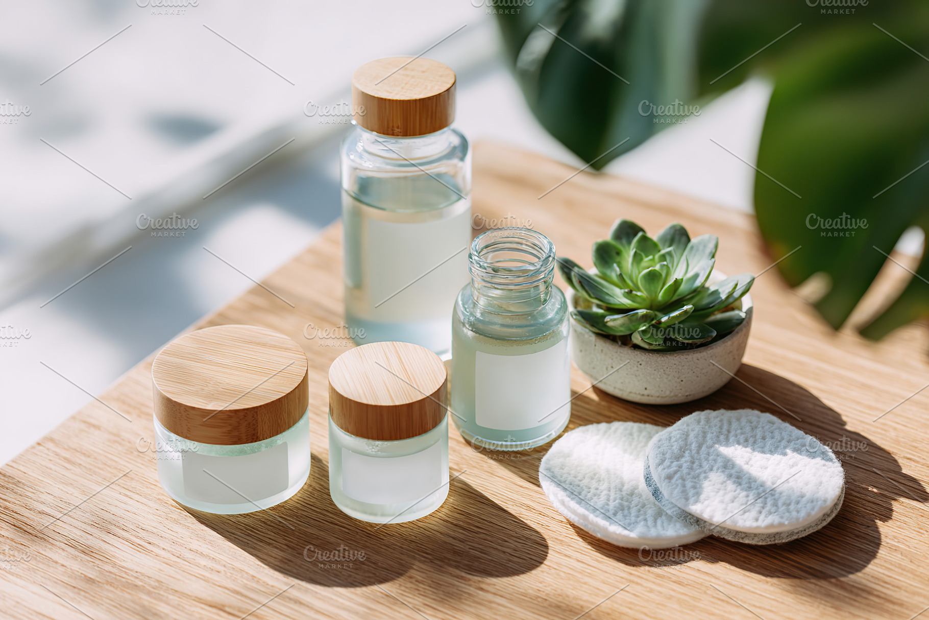 Natural skincare products displayed on a wooden surface with green plant accent, a Photo by AlyaAnd