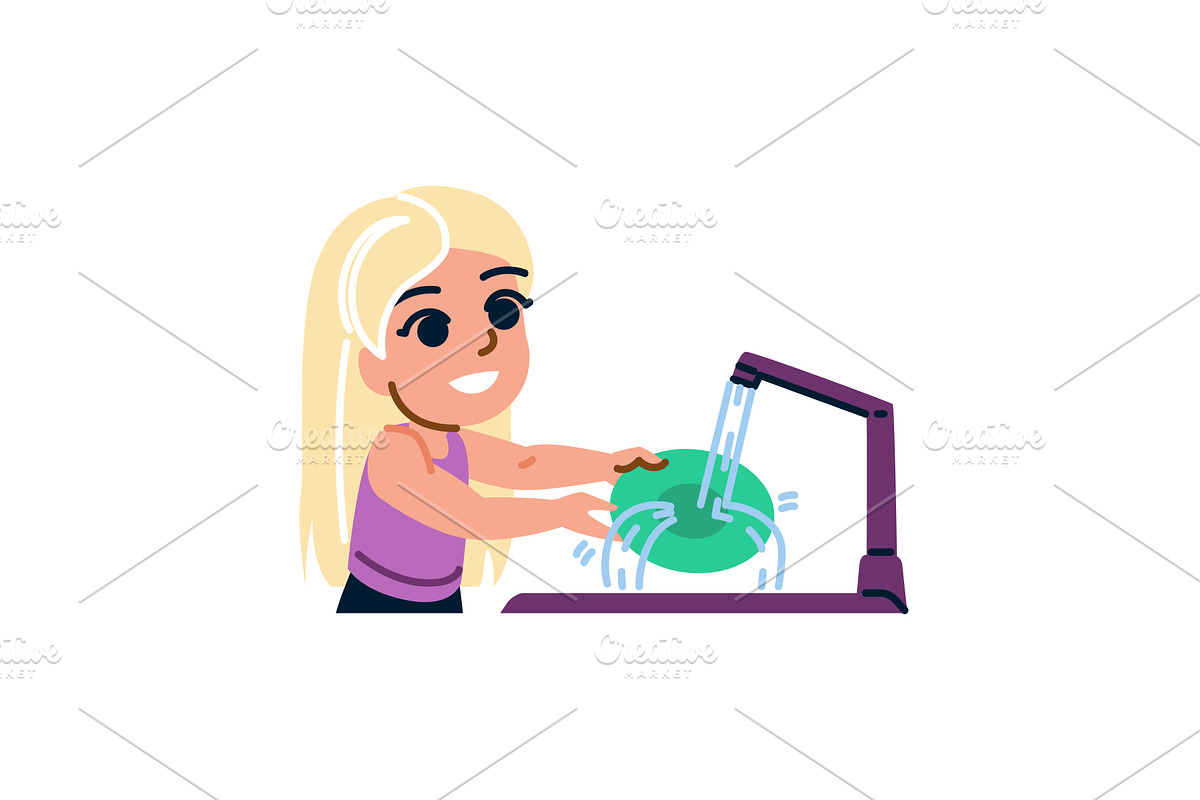 Cute little girl washing dishes in, an Illustration by pikepicture