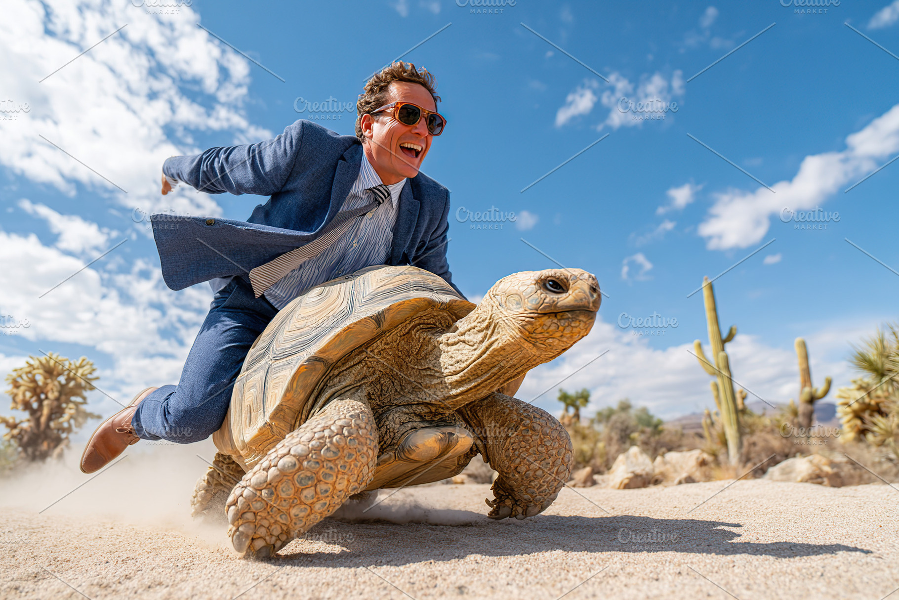 Man joyfully rides a giant tortoise in a desert under a bright sky during dayti, a Photo by AlyaAnd