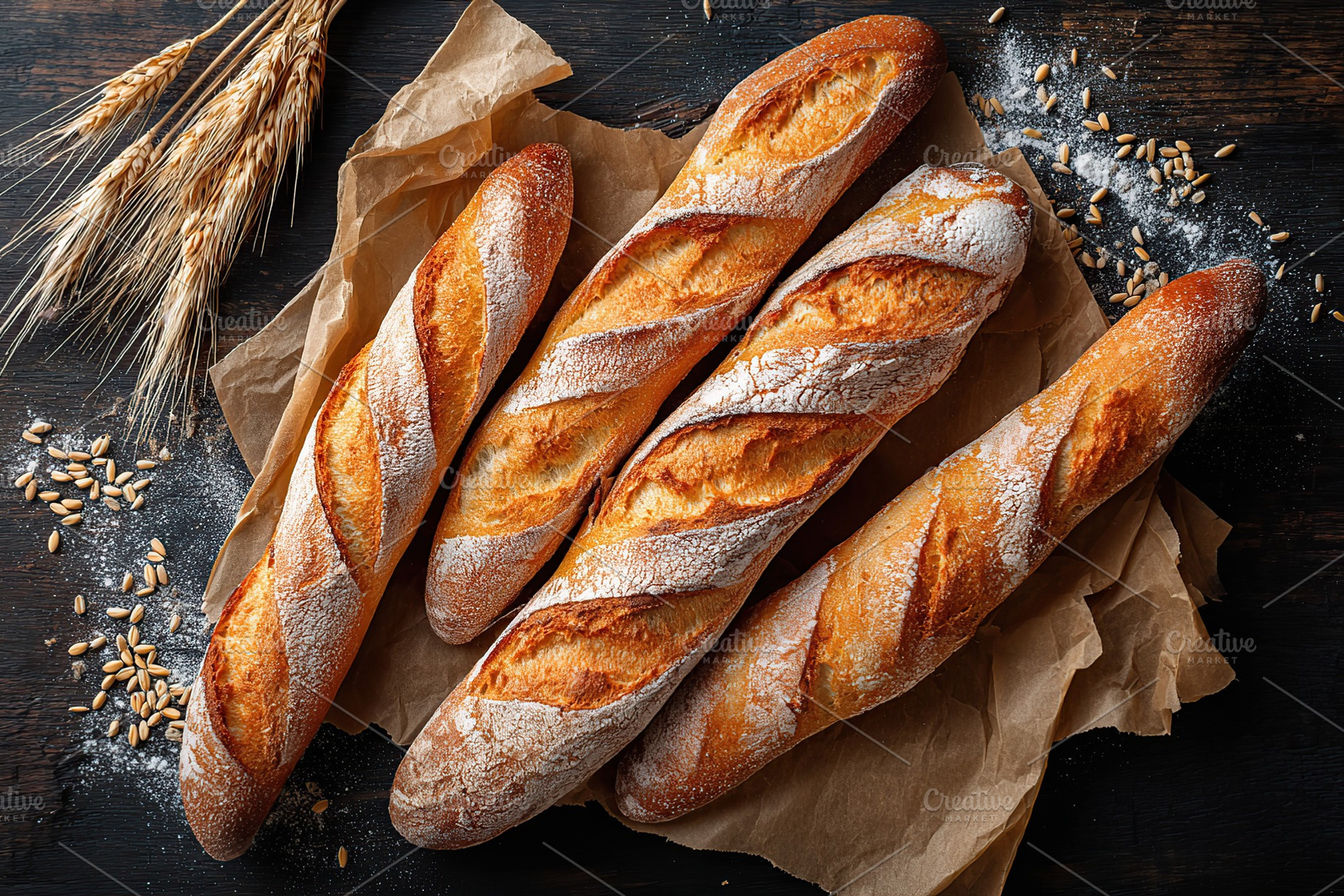 Warm baguettes arranged on rustic paper with wheat and grains in the background, a Food & Drink Photo by AlyaAnd