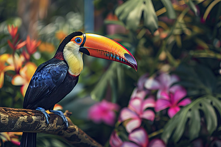 A colorful toucan sits on a branch,, a Photo by LOGOCREATIVE