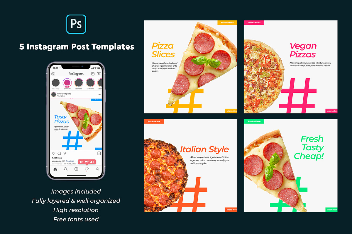 Pizza Instagram Post Template Pack#2, a Social Media Template by relineo.mock-ups (Photo 1 of 6)