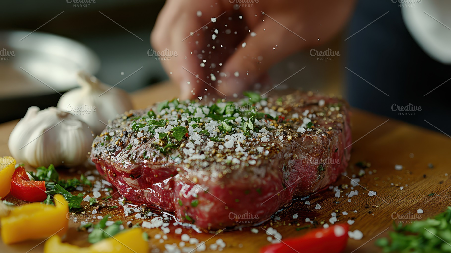 Seasoning a juicy steak with salt an, a Food & Drink Photo by Pixeness Studio