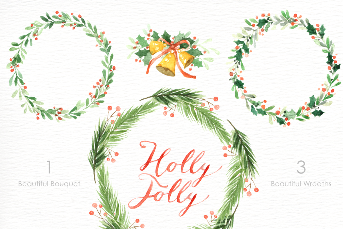 Holly Jolly Watercolor cliparts, a Decorative Illustration by everysunsun (Photo 3 of 5)