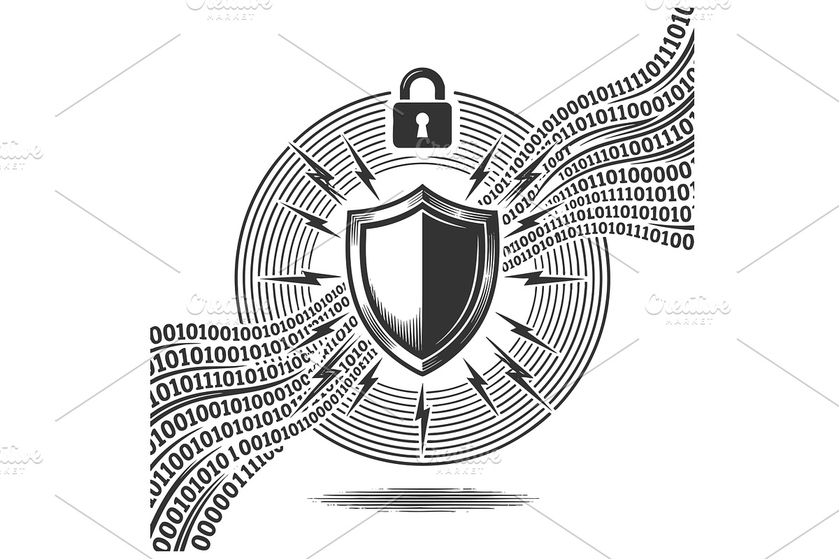 Shield Protecting Encrypted Binary, a Technology Illustration by AlexArt