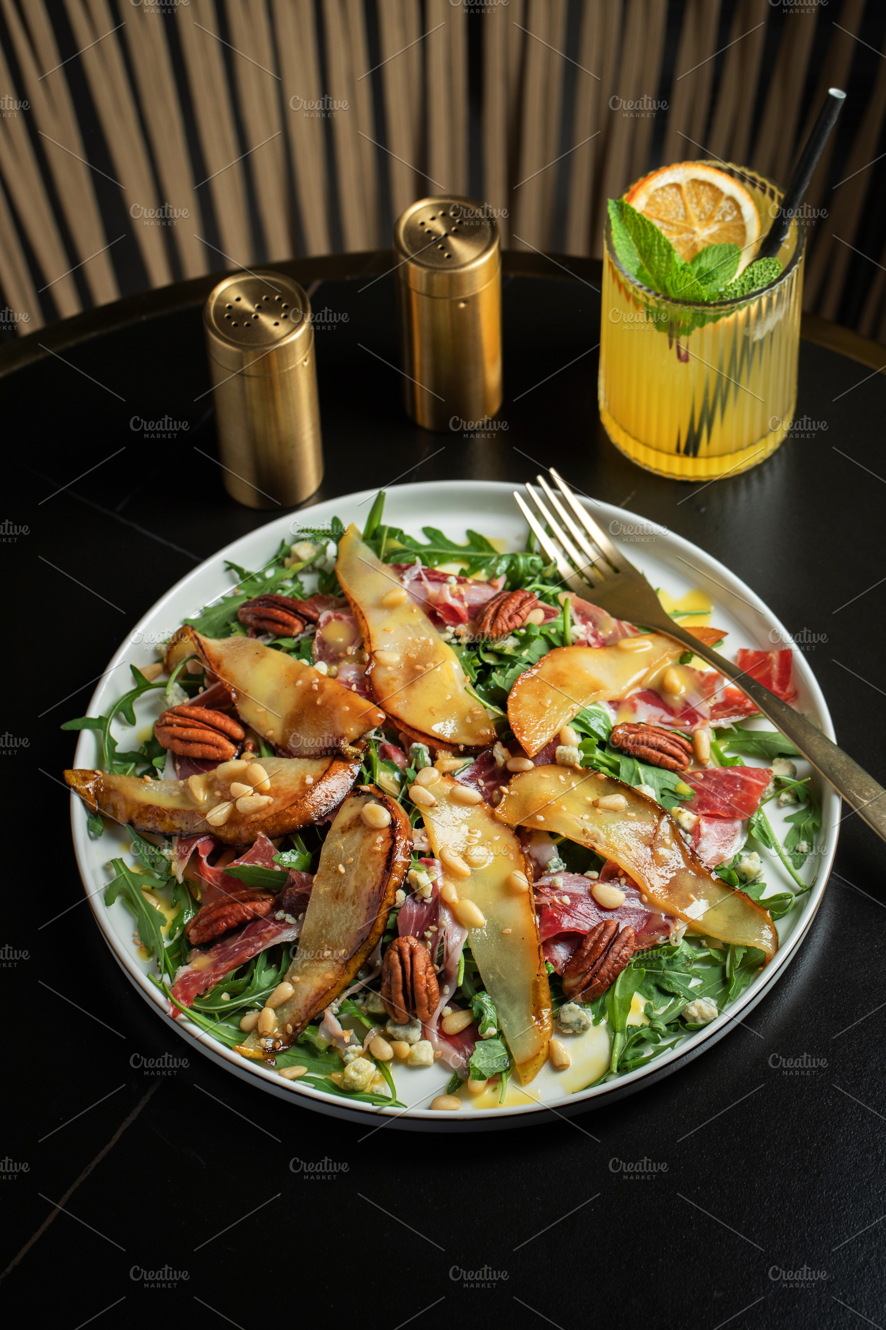 Salad with Pear, Arugula, Jamon, Blue Cheese and Blueberry, Delicious Fresh Sal, a Food & Drink Photo by Budarinphoto