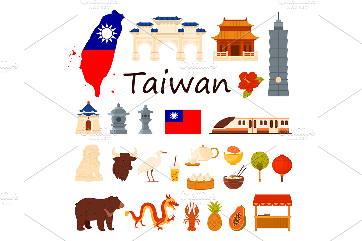 Travel to Taiwan set with title, map, an Object Illustration by Flashvector