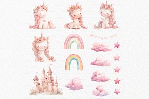 Pink Unicorn Watercolor Clipart PNG