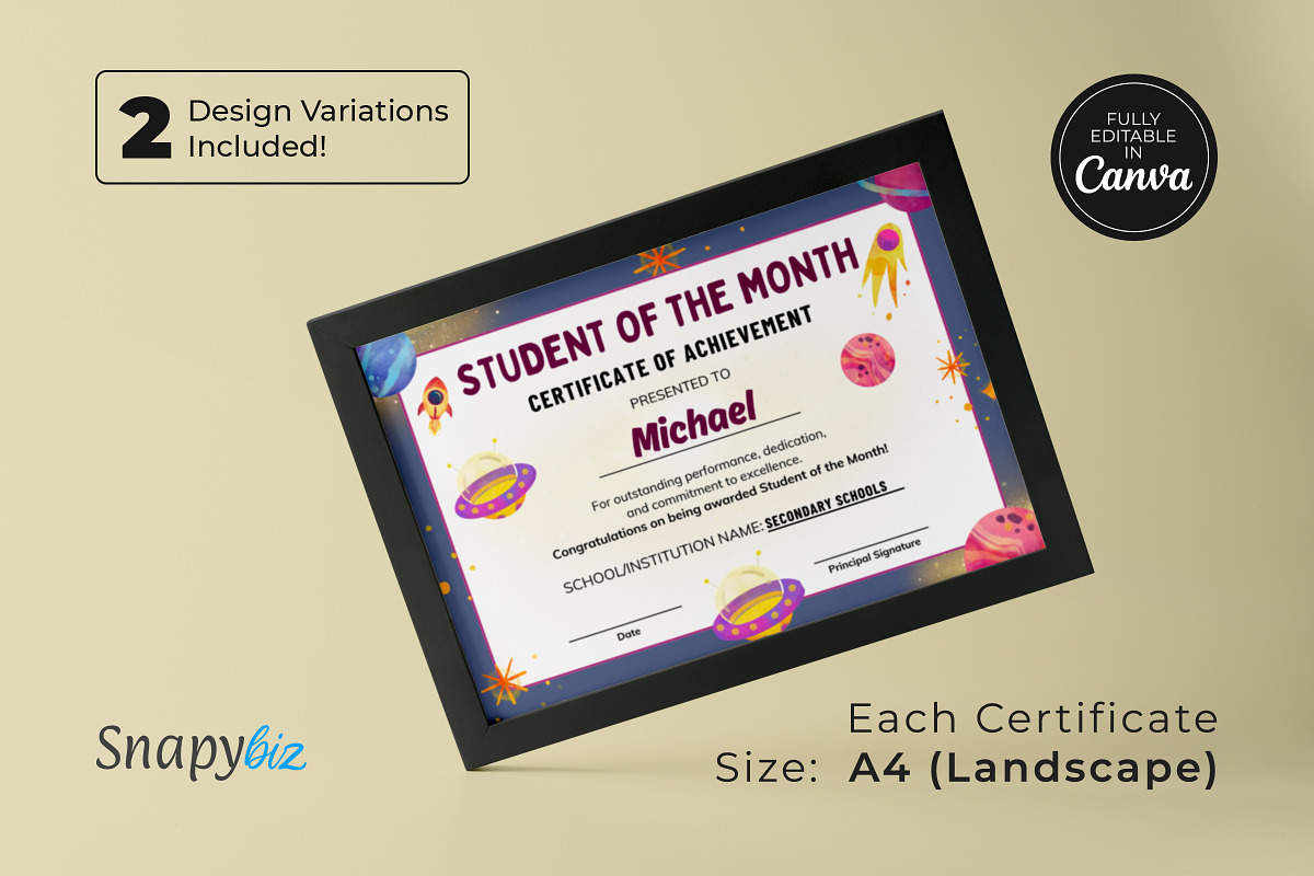 Student of Month Certificate Canva Editable Template
