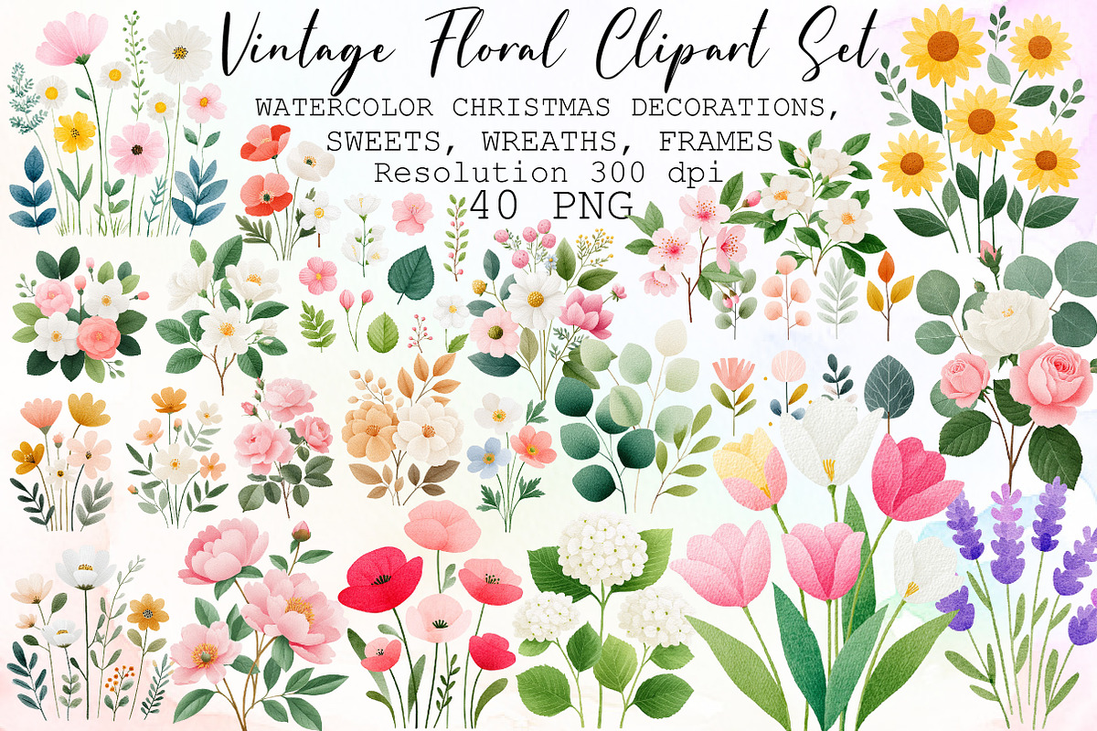 Watercolor Vintage Floral Clipart Se, an Illustration by Sublimation Artist (Photo 1 of 6)