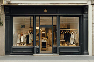 vintage style clothing store facade, an Architecture Photo by VetalStock