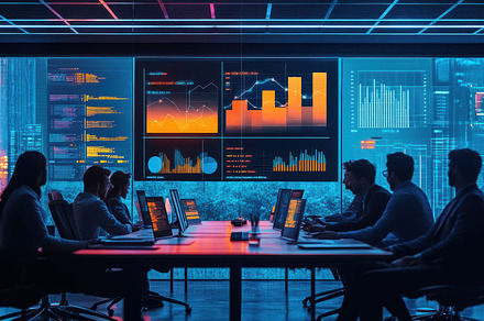 Team analyzes data in a modern offic, a Background Photo by Pixeness