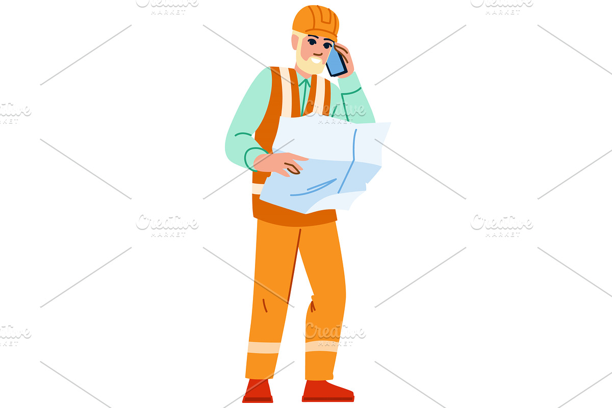 Construction worker talking on phone, an Illustration by pikepicture