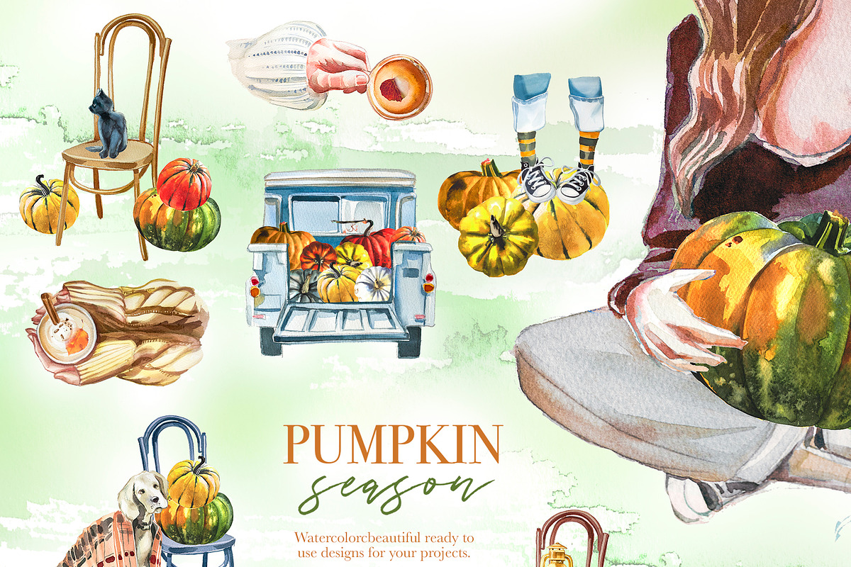 Watercolor Pumpkin Season Clipart, a Seasonal Illustration by ArtCreationsDesign (Photo 3 of 22)