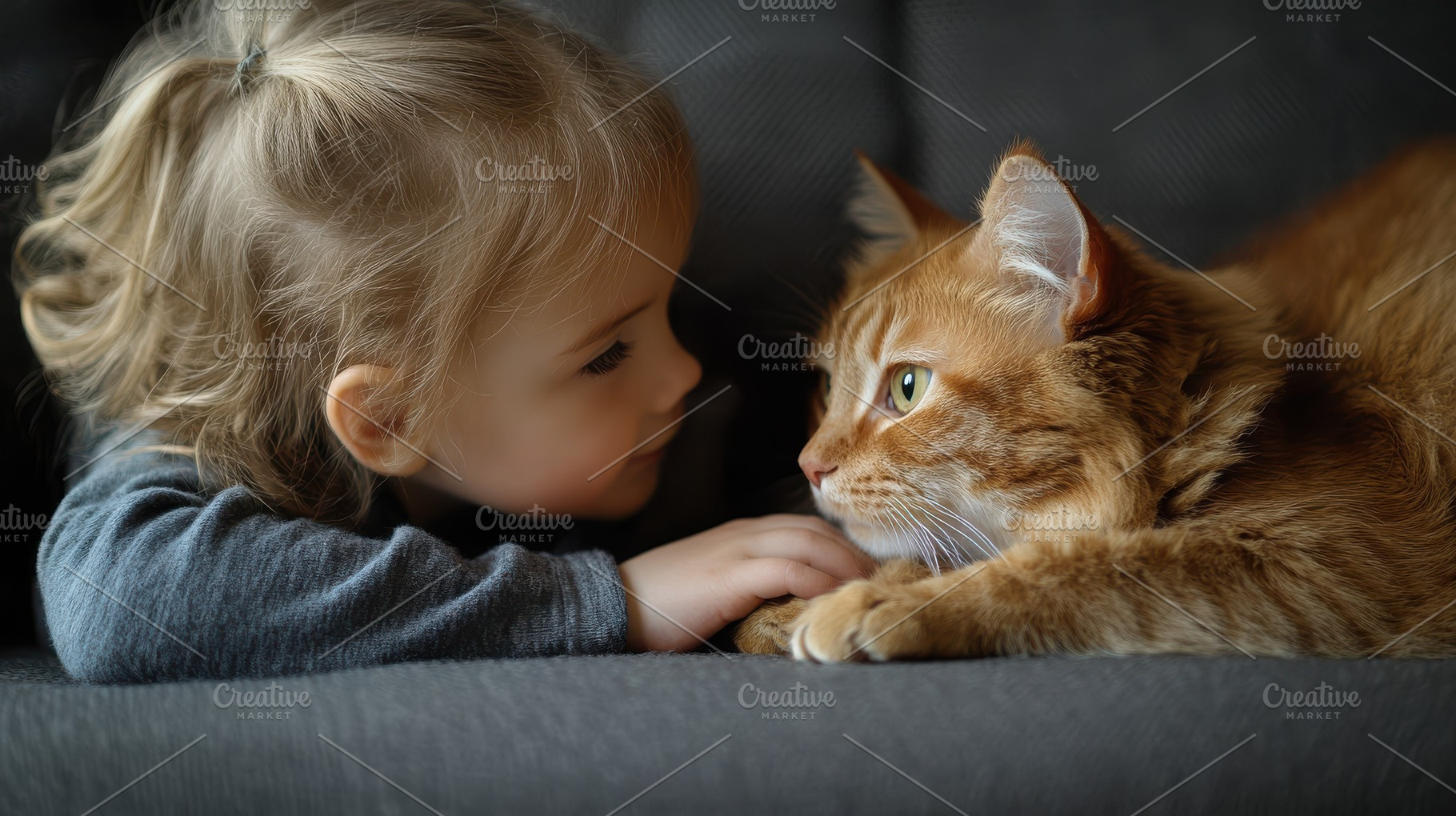 Child and cat face each other, close, an Animal Photo by Pixeness Studio