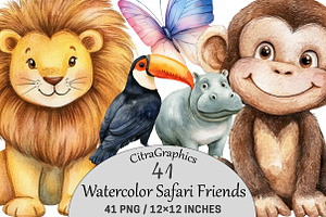 Watercolor Safari Friends Clipart, a Seasonal Illustration by CitraGraphics