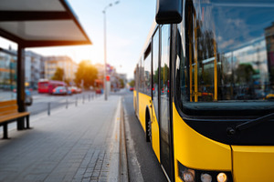 A vibrant yellow city bus at a busy urban bus stop during sunset, showcasing a, a Business Photo by ImageMir