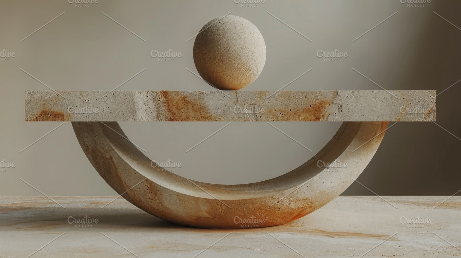 Beige Stone Sphere Balanced on Abstract Arch Sculpture Display, a Background Photo by José Manuel Gelpi