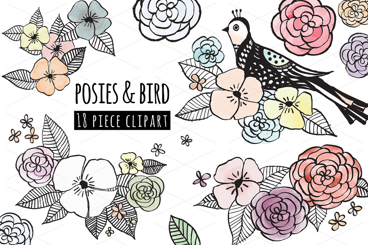 Posies & bird, flower clipart bundle