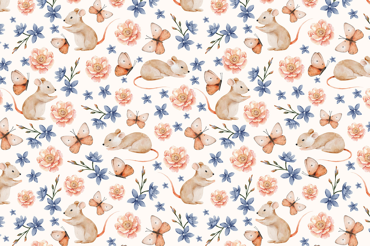 Seamless patterns cute mous, flowers, a Pattern Graphic by Pattern + watercolor (Photo 4 of 13)