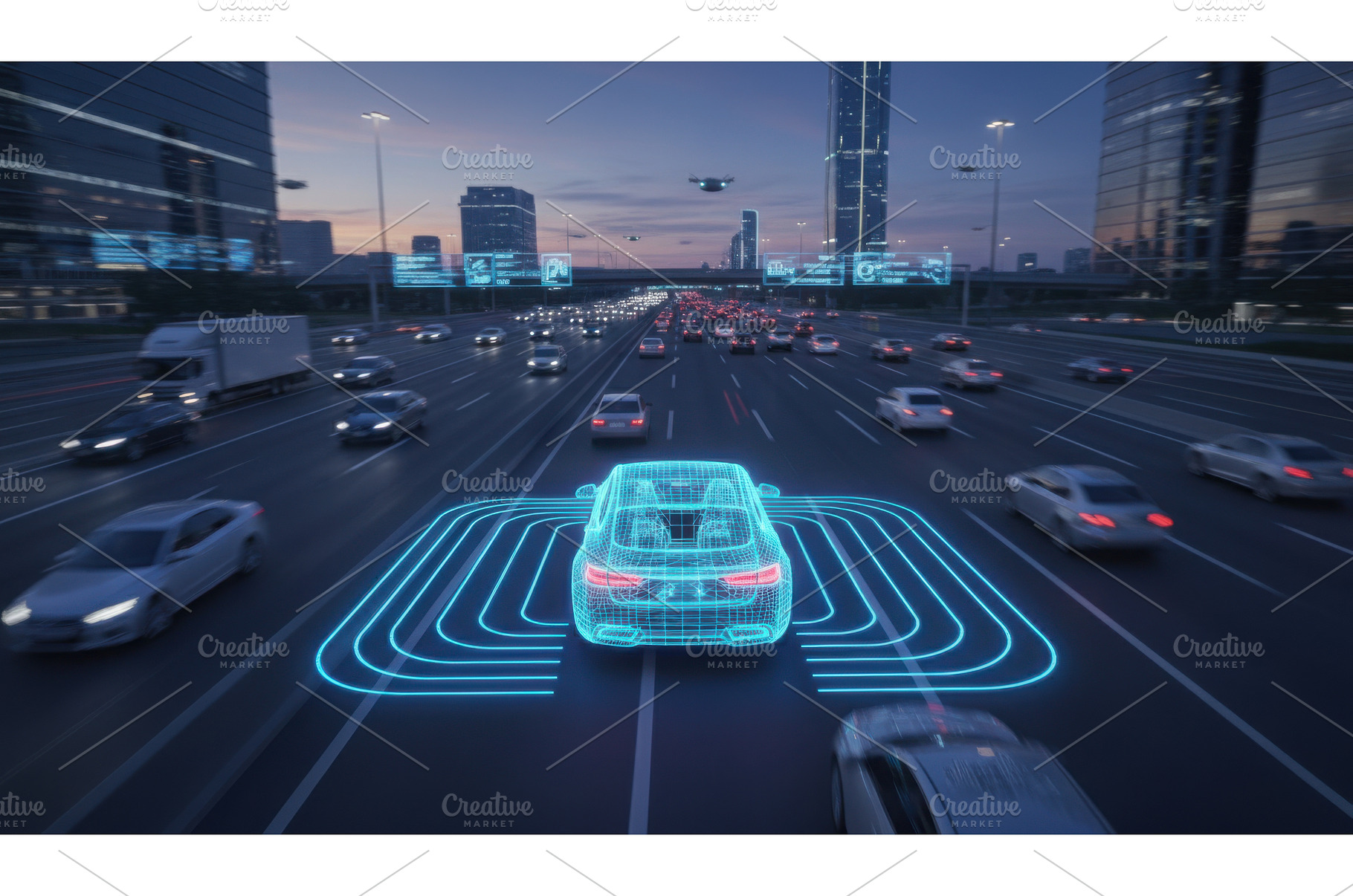 Autonomous car driving on busy, a Transportation Photo by Igor Tichonow