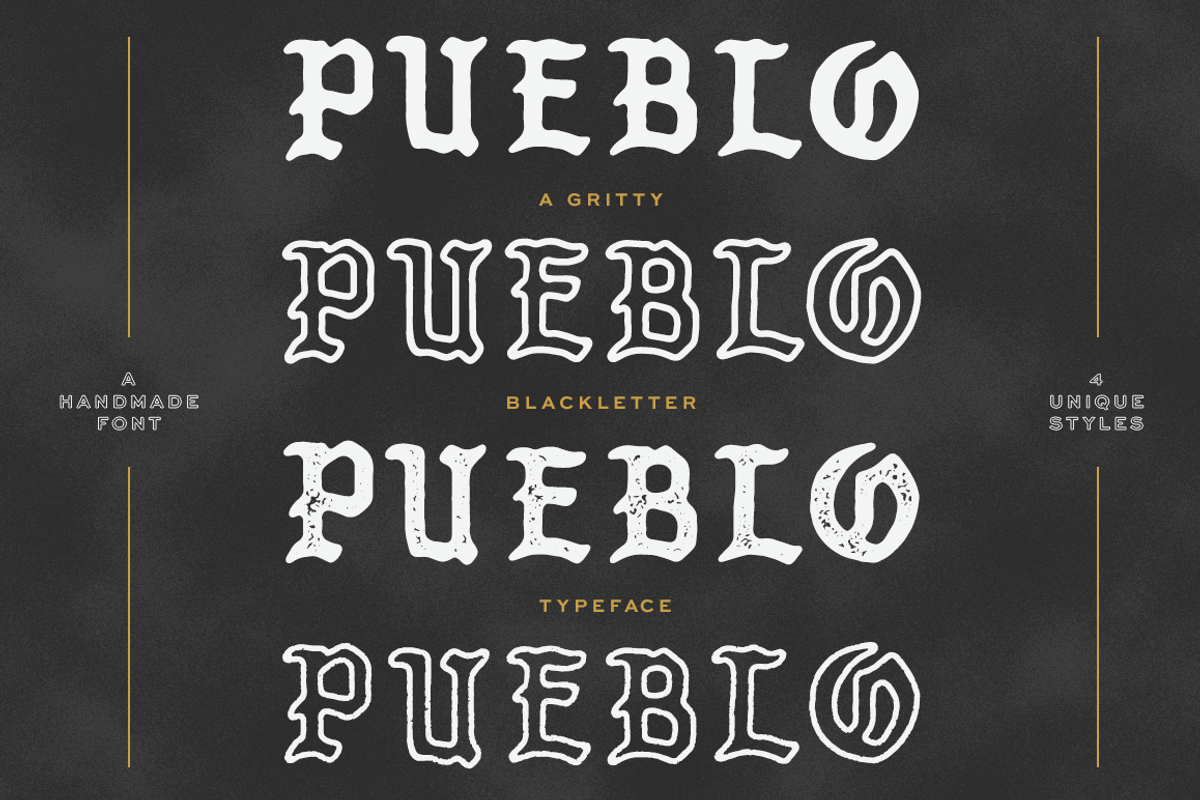 Pueblo Blackletter - 4 Styles, a Script Font by Millieangelo (Photo 1 of 8)