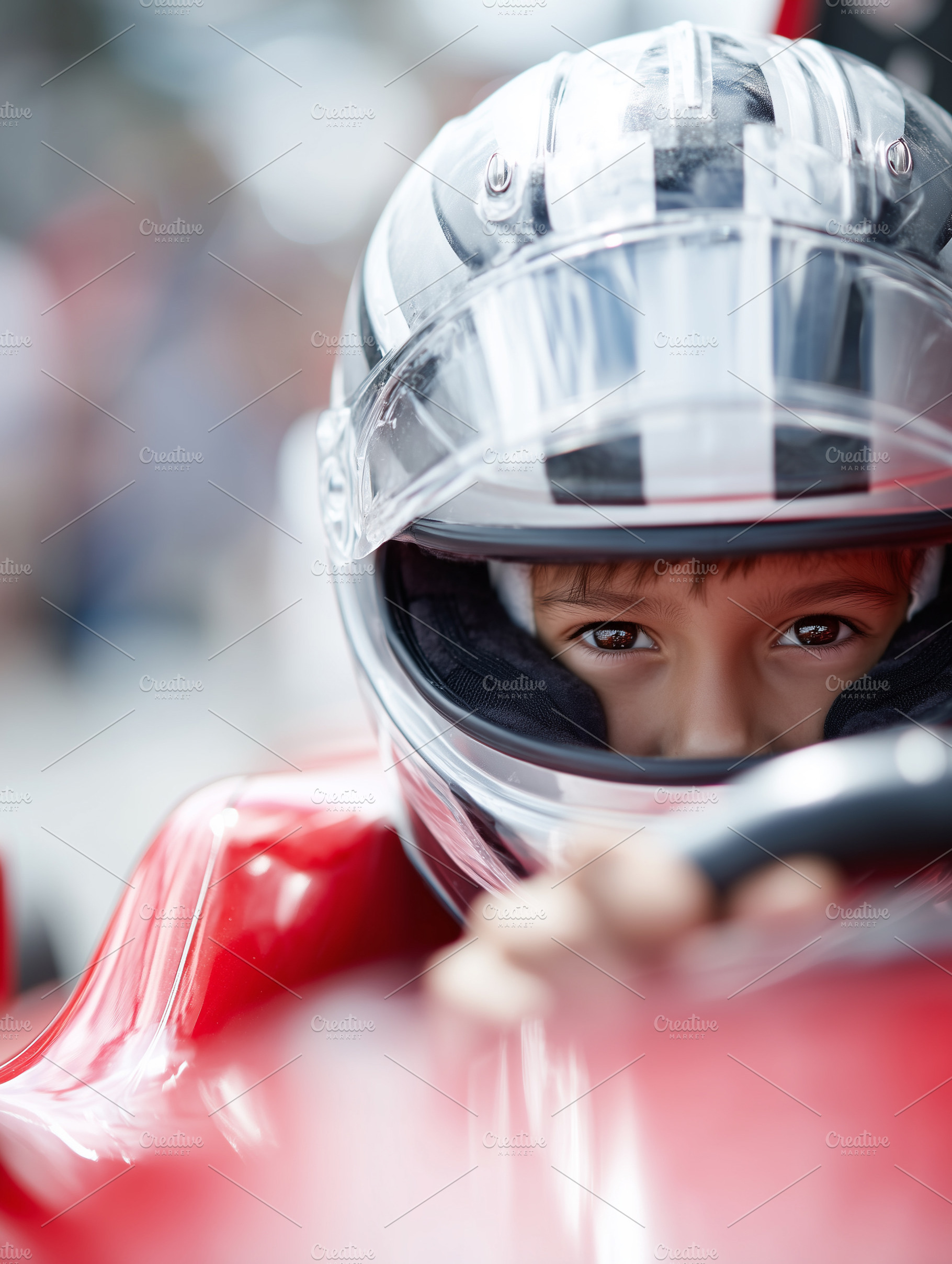 Focused young child in racing helmet, a Transportation Photo by MistyDay