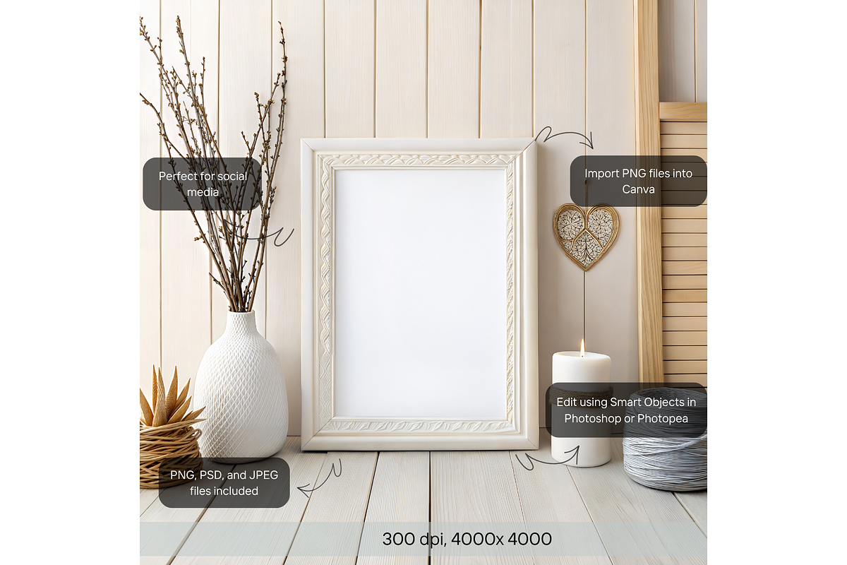 Rustic Boho Frame Mockup with Decor, a Product Mockup by MockupWizard (Photo 2 of 5)
