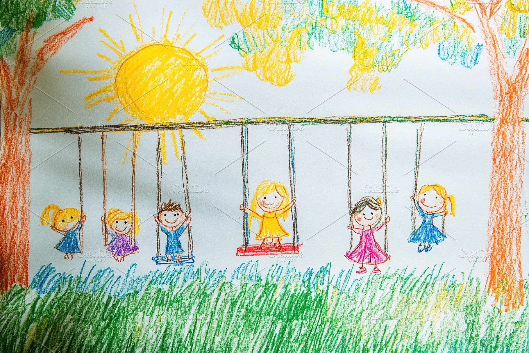 Kids enjoying a sunny day drawing, a Photo by Pavel_design
