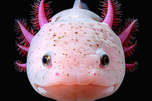 Bright pink axolotl portrait with feathery gills and soft skin, an Animal Photo by GoodGoods