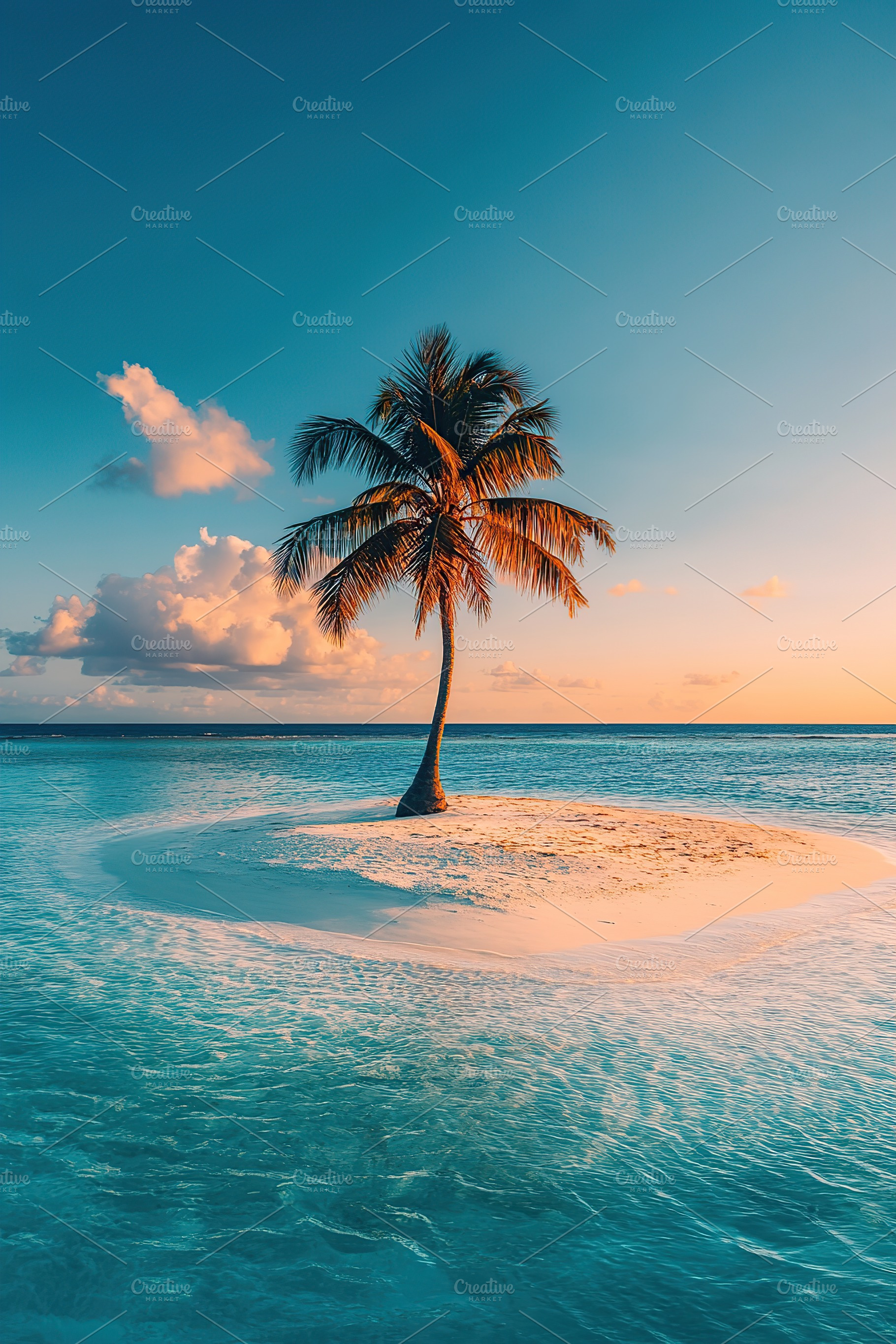 Sunset over a tranquil island with a lone palm tree in the middle of the ocean, a Nature Photo by AlyaAnd