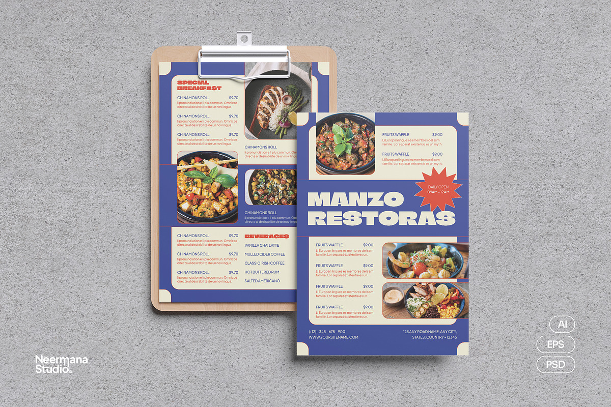 Blue Retro Restaurant Menu, a Stationery Template by Neermana (Photo 1 of 4)