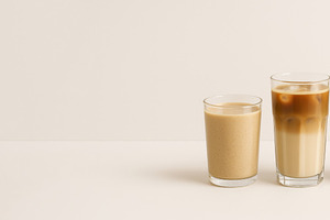 Three coffee drinks in glasses on ne, a Photo by Dvoevnore photos