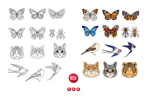 Cats, Butterflies, Birds Set