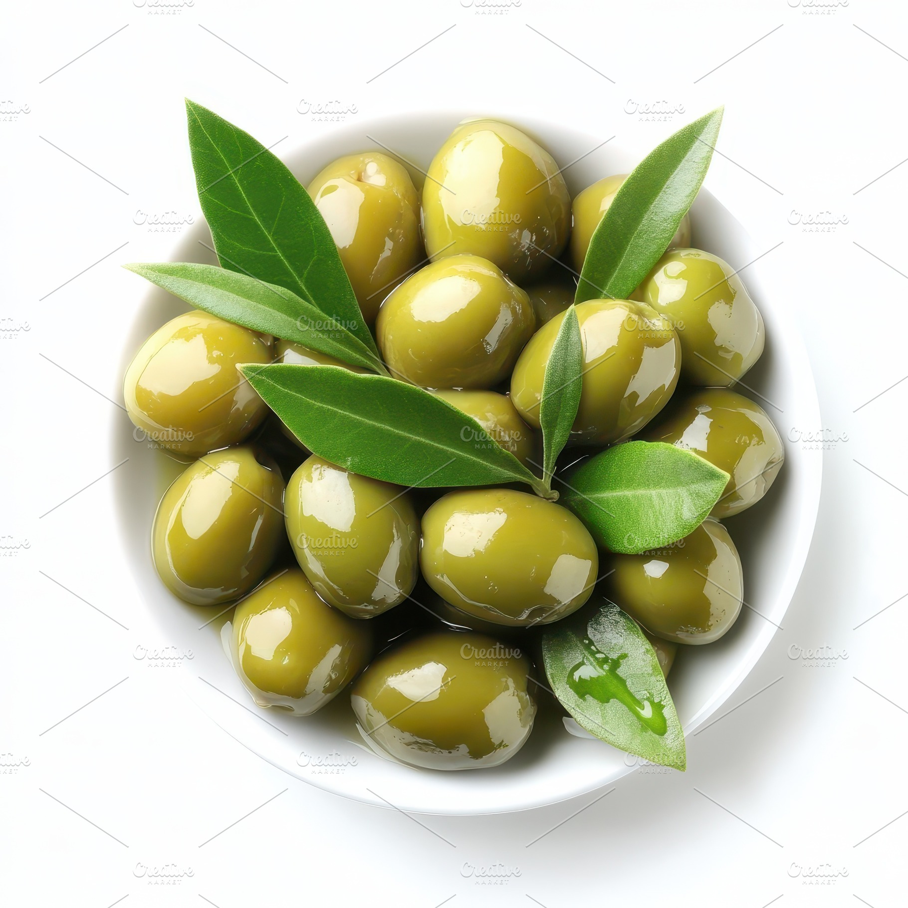 Green Olives in Bowl with Leaves Fre, a Food & Drink Photo by Pixeness Studio