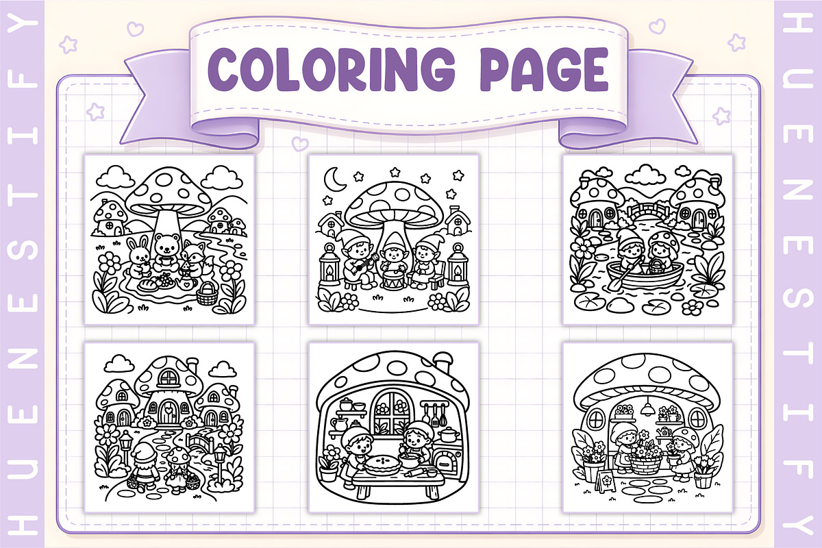 Mushroom Village Coloring Book, a Seasonal Illustration by HueNestify (Photo 2 of 4)