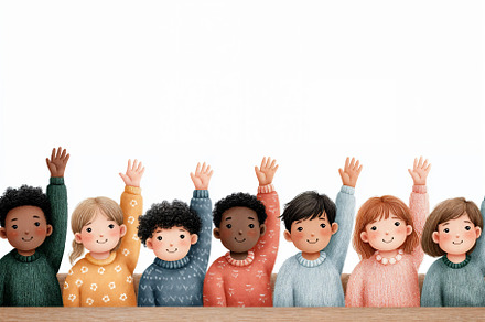 Excited student group raises hands in classroom setting
