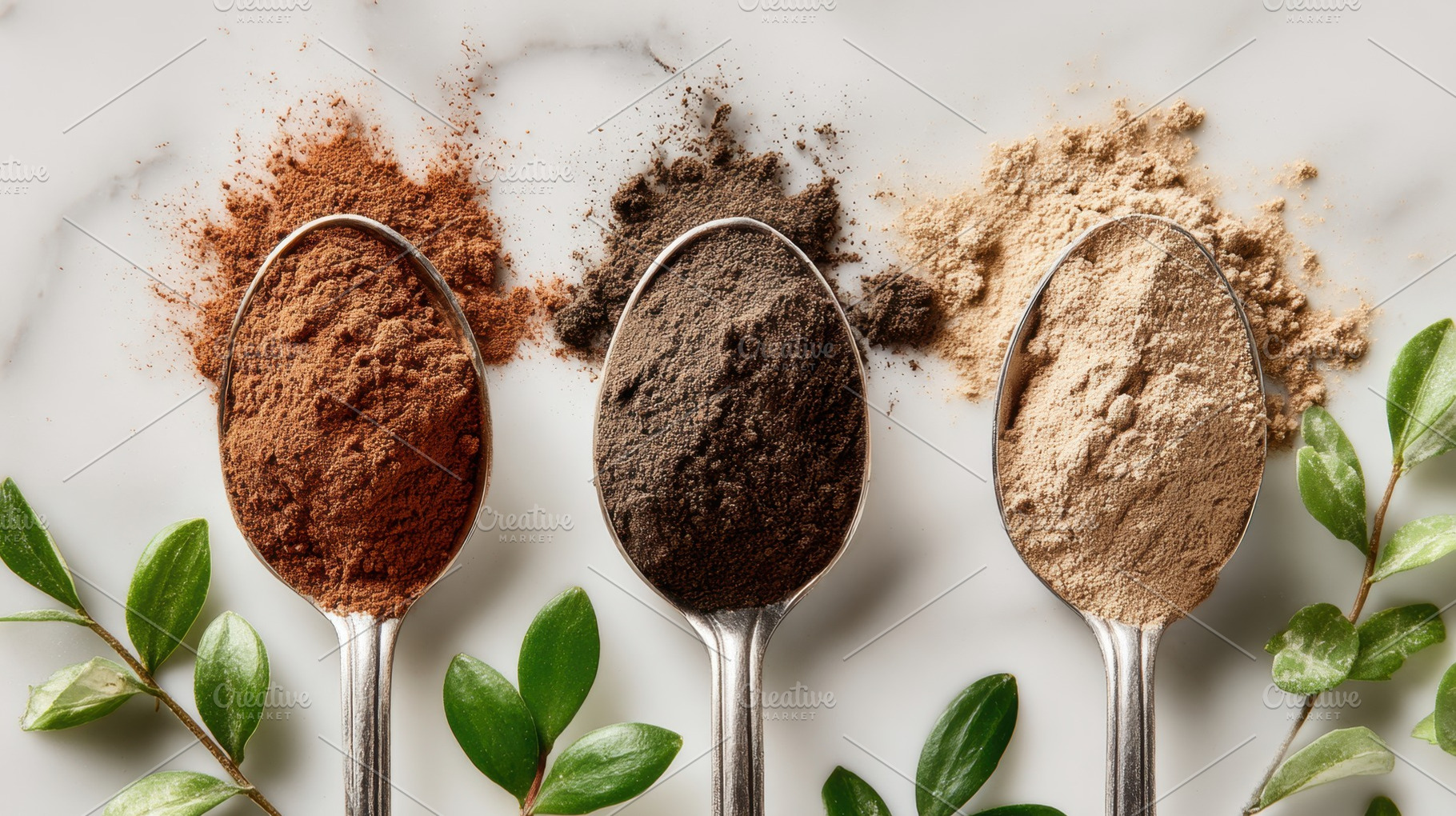 Colorful spices in spoons on marble, a Photo by Beautiful things