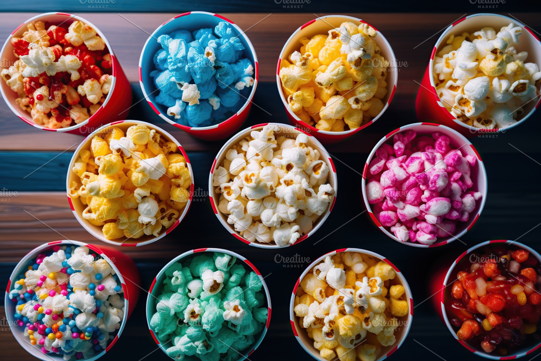 Paper cups with colorful popcorn on wooden background, a Food & Drink Photo by AlyaAnd
