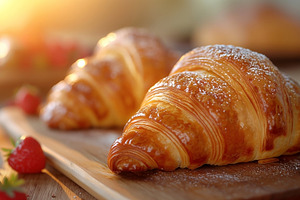 Golden flaky croissants with powdered sugar, surrounded by fresh, a Food & Drink Photo by ImageMir