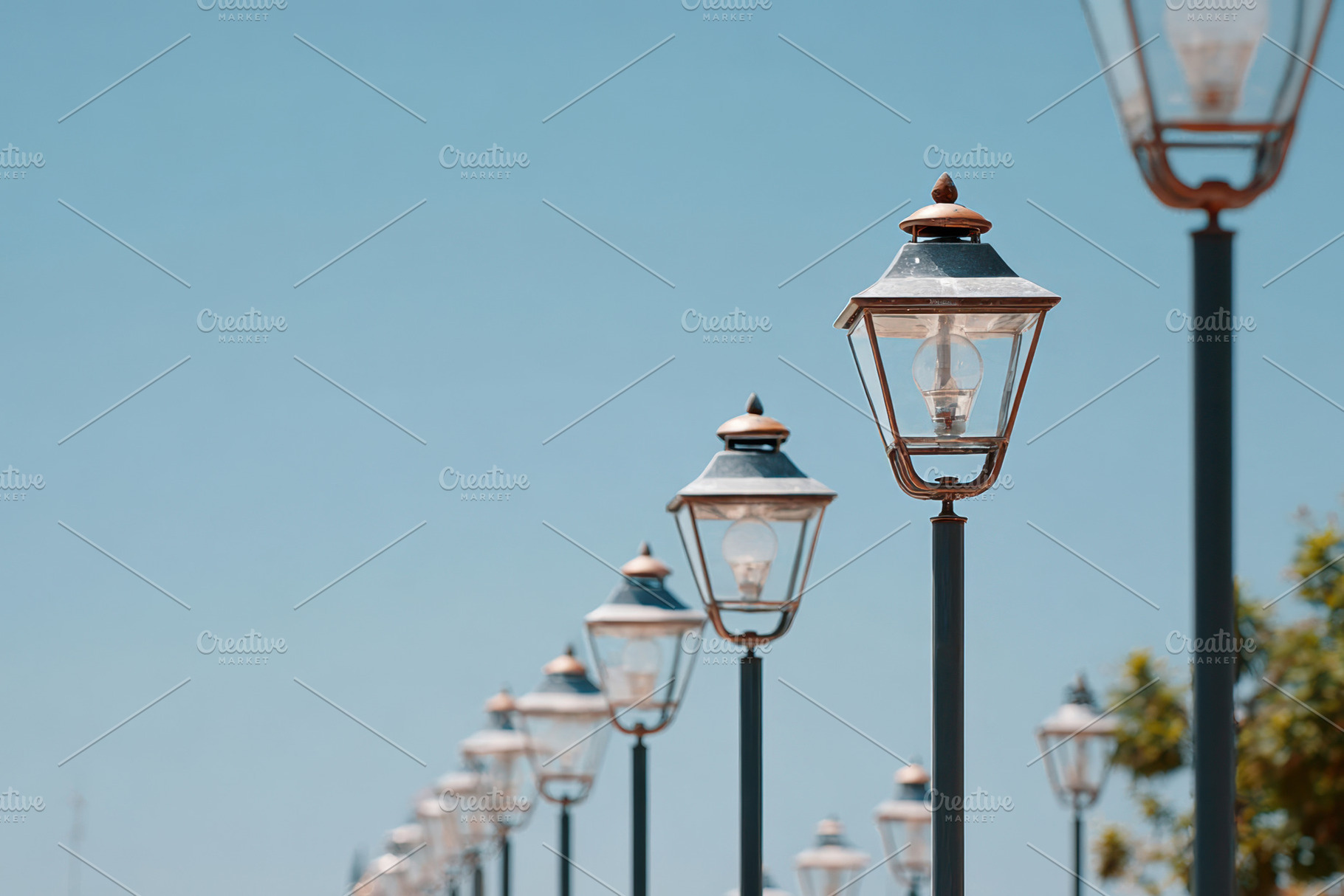Scenic walkway with vintage street lamps and greenery, a Wallpaper Photo by AlyaAnd