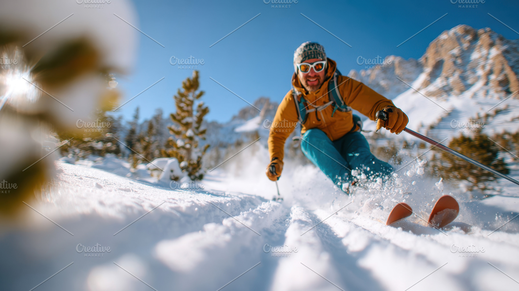 Skier carving through fresh snow in the mountains, a Sports & Recreation Photo by AlyaAnd